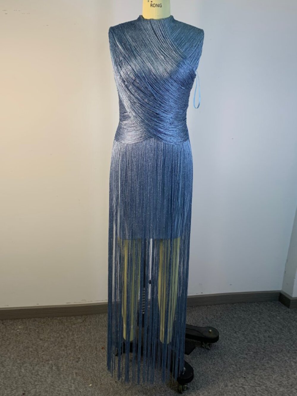Glam Slate Blue Shimmer Fringe Mock Neck Bandage Bodycon Maxi Gown - Picture 5 of 8